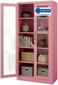 Vitrinenschrank abschließbar ELLO - Glastüren, 5 Ebenen | Büroschrank aus Stahl Aktenschrank mit Glasfenster Metallschrank Mehrzweckschrank, 185x90x40cm Rosa