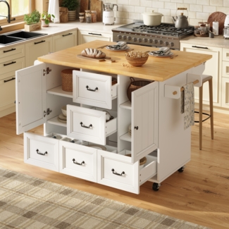 Kücheninsel Küchenwagen ausklappbar Klappbare Arbeitsfläche Schubladen Metallgriffe Handtuchhalter Stauraum,Weiß
