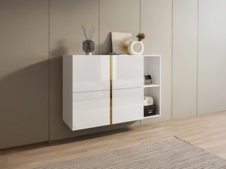 Vente-unique - Schuhschrank - 4 Klappenfächer & 2 Nischen - Weiß & Gold - MARZIALO