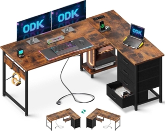 Eckschreibtisch L Form mit Schubladen und USB-Anschluss Vintage-Braun