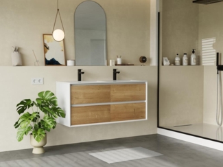 Vente-unique - Waschbeckenunterschrank hängend mit Einbauwaschbecken - Holzfarben hell & Weiß - 120 cm - LANNICK