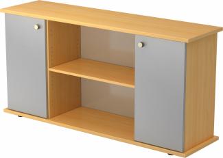 bümö Sideboard Buche/Silber mit Flügeltüren & Regal - Büromöbel Sideboard Holz 166cm breit, 45cm schmal, Büro Schrank für Flur oder als Wohnzimmer-Kommode mit Streifengriff, SB2T-6-S-SG