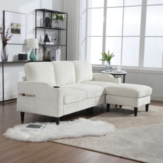 Sofa mit Hocker und Stauraum Chenille-Sofa mit Getränkehalter, Seitentaschen und stabilem Metall-Holz-Rahmen,Beige