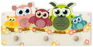 Bilderdepot24 Garderobenpaneel bunt Tiere No. CG216 Eulenfamilie (Kindergarderobe holz Kleiderhaken für die Wand inkl. Montagematerial), moderne Wand Garderobenleiste Flur - kleine Hakenleiste Kinderzimmer