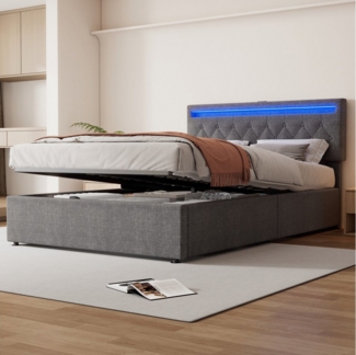 Merax Polsterbett mit höhenverstellbarem Kopfteil (1-tlg), LED Hydraulisches Doppelbett mit USB/Typ-C-Steckdosen,140x200cm,Leinen