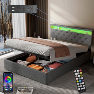 oyajia Polsterbett RGB LED Doppelbett 140x200 cm, anhebbarer Polsterbett Stauraumbett, Polsterbett mit Stauraum, Modernes Design mit Ladeanschlüssen