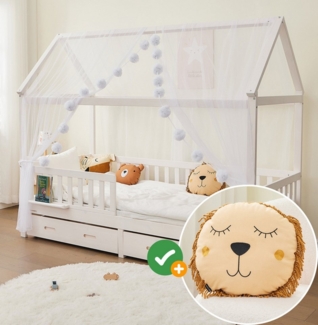 Alavya Home® Betthimmel Der Luxus DEKO SET für HAUSBETT 80x160 I 90x200 mit Löwenkissen (4-tlg SET 2 x Betthimmel Länge: 340 cm, Breite: 150 cm und 1 x Groß Pompomkette 1 x Kissen), Exklusives Dekoset aus 100% Polyester GOTS zertifiziert für Kinder