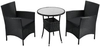 Juskys Polyrattan Balkon Set Bayamo 2 Personen – Tisch mit Glasplatte & 2 Stühlen – Wetterfeste Balkonmöbel – Auflagen waschbar – schwarz – grau