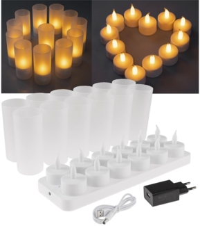 LED Teelichter, 12er Set, mit Windschutzwiederaufladbar auf Ladestation