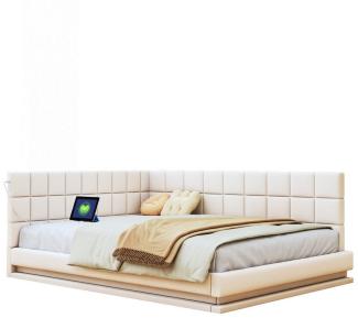 HAUSS SPLOE Schlafsofa 140x200cm mit LED Lichtleiste, USB Steckdose, Lattenrost, Samt beige, Multifunktionsbett mit LED-Lichtleiste, USB-Steckdose und Lattenrost aus hautsympathischem Samtstoff - ideal für Wohnzimmer und Gästezimmer, Ohne Matratze