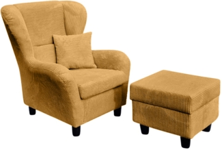 OHRENSESSEL mit HOCKER, hoher Sitzkomfort durch Wellenunterfederung, Cord in Gold Ockergelb