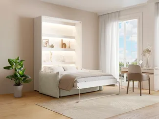 Vente-unique - Schrankbett 140x200 cm - Manuelle vertikale Öffnung - Mit LEDs - Weiß + Matratze + Sofa - RAPILI