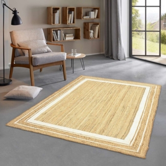 TaraCarpet Teppich Jute Durry Bordüre Flachgewebe Boho Modern, rechteckig, Höhe: 5 mm, Teppich Sisal optik Bordüre weiß Wohnzimmer 80x150 cm