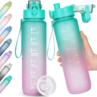 AOHAN 1l Trinkflasche BPA-frei Sport Auslaufsicher Zeitmarkierung Fit Büro Yoga