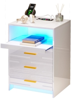 LVifur Nachttisch Smart LED Nachtschrank mit Drahtlose Ladefunktion, 40 x 45 x 60 cm, mit 3 Schubladen, Hochglanzdesign, USB/Type-C-Ladefunktion