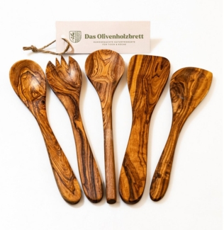 dasOlivenholzbrett Küchenwender 5er Set Pfannenwender, Kochlöffel, Löffel Ecke und Salatbesteck