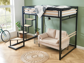 Vente-unique - Hochbett mit Matratze - 140 x 200 cm - Metall & MDF - Naturfarben & Schwarz - JOGUI