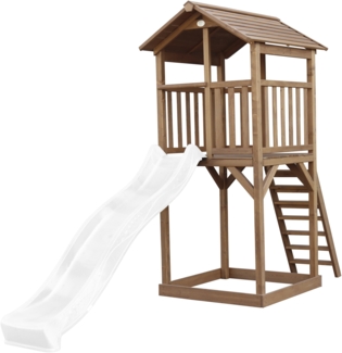 AXI Beach Tower Spielturm aus Holz in Braun Spielhaus für Kinder mit weißer Rutsche und Sandkasten | Braun, weiß | Holz | 349 cm