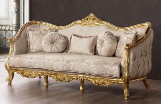 Casa Padrino Luxus Barock Sofa Beige / Gold - Prunkvolles Wohnzimmer Sofa mit Muster - Prunkvolle Barock Wohnzimmer Möbel