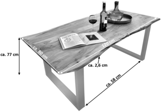Esstisch Tisch natürliche Baumkante Akazie massiv Kufengestell natur 120x80 silber QUINN 523569