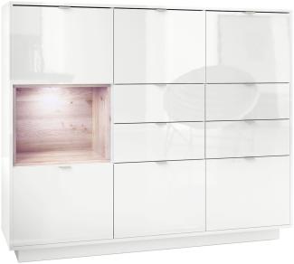 Highboard Sideboard Metro V2, Korpus in Weiß Hochglanz / Fronten in Weiß Hochglanz mit Einsatz in Eiche Nordic, inkl. LED Beleuchtung