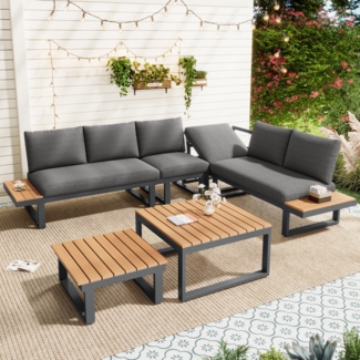 Merax Gartenlounge-Set 6-Sitzer Gartenmöbel 2 Tisch, Ecksofa mit 5-stufig-Neigungsfunktion, grau
