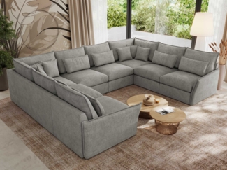 Modulares U-förmiges Wohnzimmer-Ecksofa, XXL Ecksofa mit Armlehnen, Wohnlandschaft, Universal-Ecksofa mit lockeren Kissen - VERSO U 8M - Hellgrau Struktur