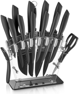 Messerblock mit Messer 16 TLG Messer Set Schwarz Antihaft Acrylhalter