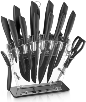 Messerblock mit Messer 16 TLG Messer Set Schwarz Antihaft Acrylhalter