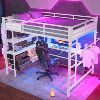 Hochbett mit Schreibtisch und LED-Beleuchtung, 140x200 cm, Schubladen, Kleiderstange, Mehrfachsteckdose und Rausfallschutz, Metallbett, Jugendbett