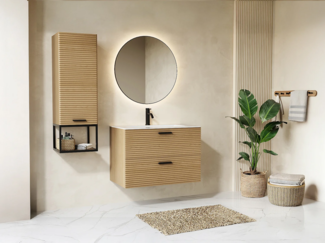 Vente-unique - Badezimmermöbel geriffelt hängend mit Einbauwaschbecken und Hochschrank mit Nische - 2 Schubladen - Natur hell - 80 cm - SARONE