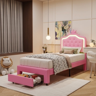 Gdood Polsterbett Kinderbett LED Stauraumbett (1-tlg, Geeignet für Jugendliche und Kinder), Kronenform Kopfteil, Mit LED-Beleuchtung, Schublade, PU, 90x200 cm