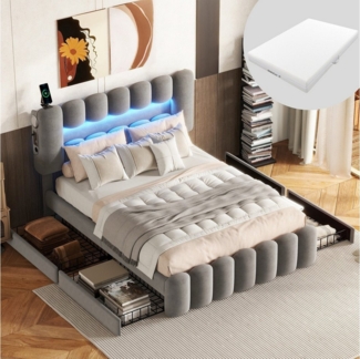 HAUSS SPOLE Polsterbett 140x200 cm mit 4 Schubladen, LED-Lichtleiste, USB, Grau mit Matratz, modernes Design