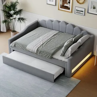 Schlafsofa mit Bettfunktion, LED-Beleuchtung, Lattenrost und Gästebett, 140x200cm, Doppelbett, Polsterbett, Bettsofa, Leinen