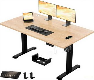 JUMMCIO Höhenverstellbarer Schreibtisch 140x70 cm, Stabiler Elektrischer Schreibtisch mit Vierteilige Tischplatte, Computertisch mit Memory Funktion,Standing Desk für Büro, Beige&Schwarz
