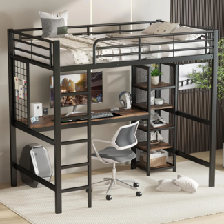 Hochbett mit Regal und Schreibtisch (90x200 cm) Metallbett mit Rausfallschutz und Lattenrost, Jugendbett, Kinderbett