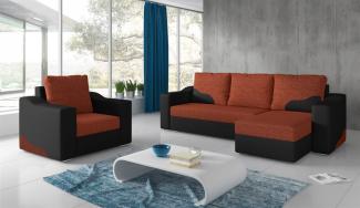 Ecksofa Set COLLIN Ottomane Rechts + Sessel Schwarz / Dunkelorange