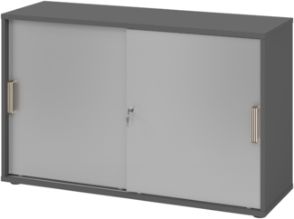 bümö Schiebetürenschrank 2OH - Aktenschrank abschließbar, Sideboard Schrank mit Schiebetüren in Graphit/Silber, Streifengriff - Büroschrank aus Holz mit Schiebetür, Büro Kommode für Ordner & Co, 1752S-G-S-SG