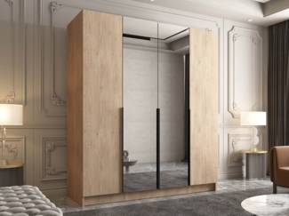 Drehtürenschrank Salkor II, Kleiderschrank mit 4 Türen, Frontspiegel (Farbe: Eiche Cremona / Eiche Cremona + Schwarz)
