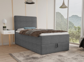 Boxspringbett Mollo Mini mit Bettkasten und Matratzentopper - Einzelbett mit Bonell-Matratze und Topper, Polsterbett in weichem Cordstoff, Bett, Schlafzimmer (Graphit (Tilia 90), 90 x 200 cm)