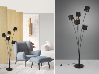 LED Stehleuchte 5 flammig Metall, Stoffschirm Schwarz Gold, Höhe 163cm