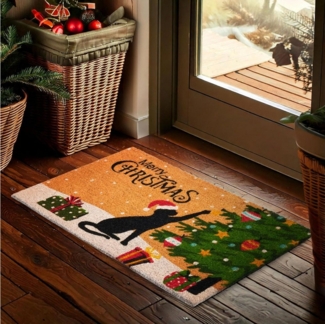 BRUBAKER Fußmatte 45x75 cm - Katze spielt mit Weihnachtskugel - Schmutzfangmatte, Rechteckig, Höhe: 15 mm, Türmatte für Außen und Innen - Wetterfest und Rutschfest