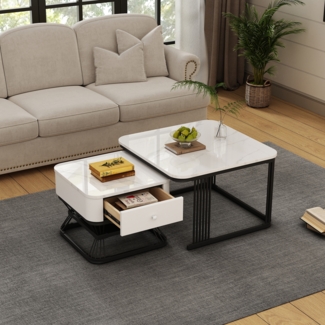 Merax 2-teiliges Couchtisch-Set, geometrischer Kaffeetish Set, hochglänzende Marmoroptik, Wohnzimmertisch-Set mit 1 Schublade, Sofatisch, Beistelltisch, Weiß+Schwarz