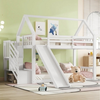 Flieks Etagenbett, Kinderbett mit Treppe & Rutsche & oberem Lattenrost 90x200 cm