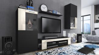 Vladon Wohnwand Movie, Anbauwand bestehend aus 1 TV-Board, 2 Vitrinen und 1 Regal, Schwarz matt/Schwarz matt/Creme Hochglanz (Gesamt: 300 x 190 x 39 cm)