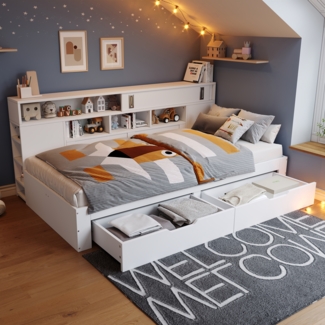 Merax Daybett Kinderbett Tagesbett 90x200cm mit 2 Schubladen und Stauraumfächer, weiß
