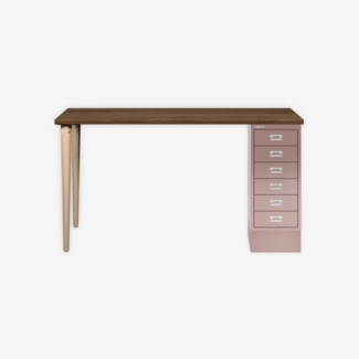 MultiDesk, 2 Eichenfüße, 1 MultiDrawer mit 6 Schüben, Dekor Nussbaum, Farbe Pastellpink, Maße: H 740 x B 1400 x T 600 mm
