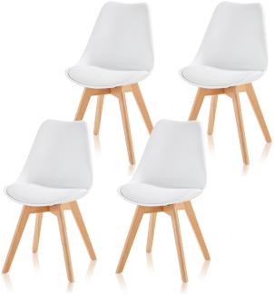 Esszimmerstühle Scandi Stil - Stuhlbeine aus Massivholz Buche - Kunststoff-Sitzschale mit Sitzpolster aus Kunstleder 4 Stühle Weiß