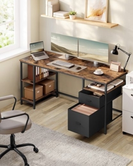 VASAGLE Computertisch, Bürotisch, Schreibtisch, mit 3 Ablagen, 2 Schubladen, 60 x 160 x 76 cm, fürs Büro, Wohnzimmer, moderner Stil, vintagebraun-schwarz