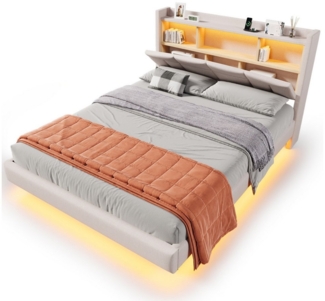 HAUSS SPOLE Polsterbett 140x200 cm mit Lichtleiste, Kopfteil mit Ablage, usb+type-c, Beige (Polsterbett 140x200 cm mit USB/Type-C Ladeanschluss, Ambientebeleuchtung, Flip-Top-Ablage & Kopfteilablage – Modernes Design mit Stauraum für Schlafzimmer & Juge...